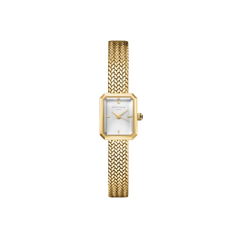 Rosefield Mini Octagon White Dial goud Woven Mesh Strap